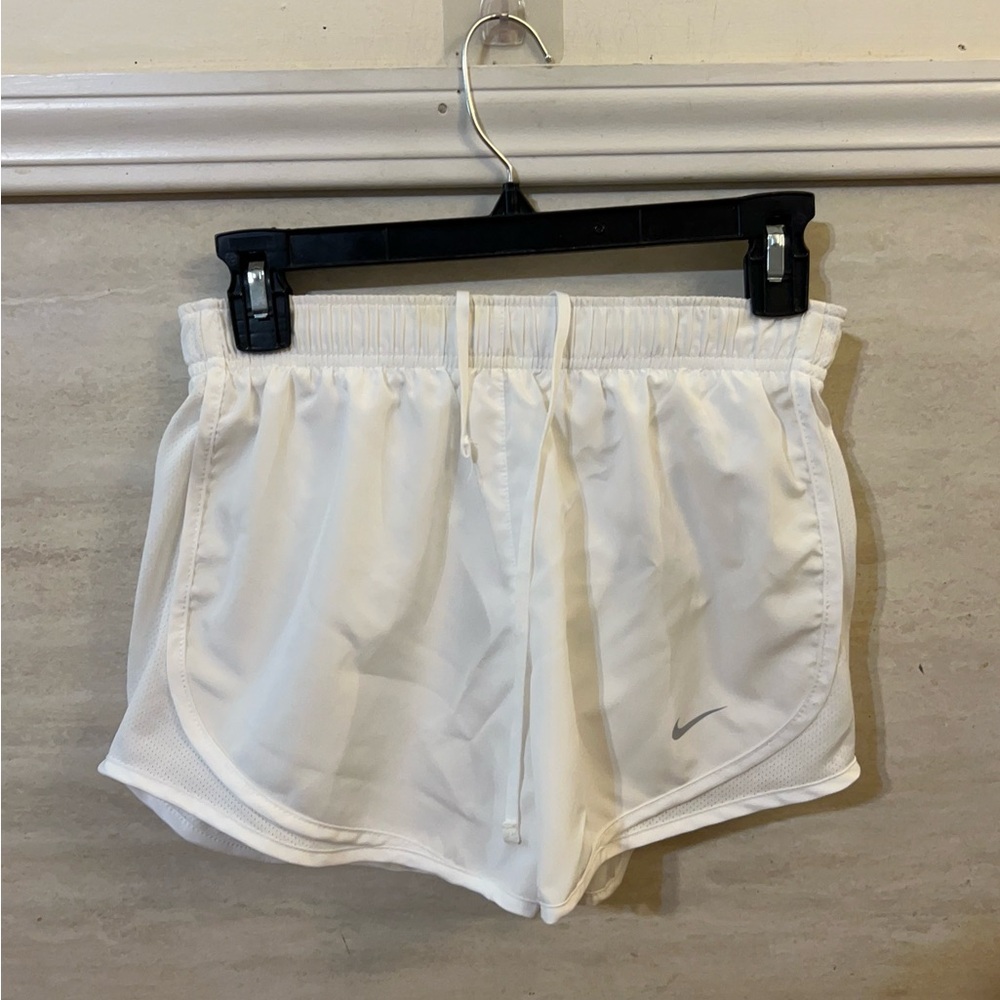 NWT- Nike Temp Women's White Athletic Running Shorts with Grey Swoosh